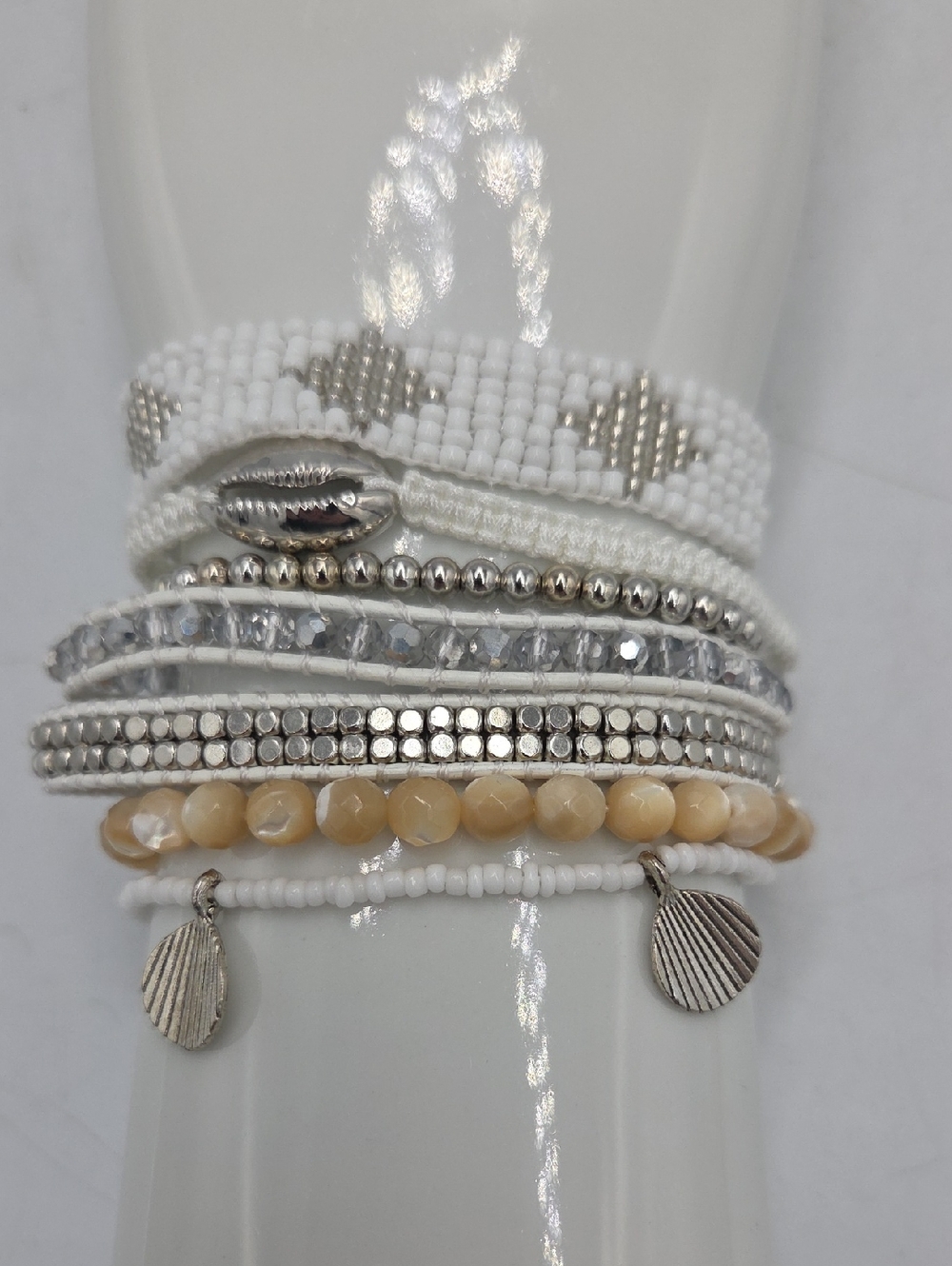 Victoria Emerson 7 Strand White & Beige Layered Beaded Bracelet - Picture 2 of 6